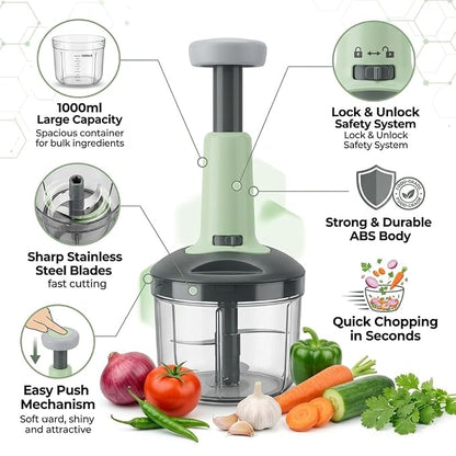 Vegetable Push Chopper 1000ml | Manual Vegetable Cutter for Kitchen | With Sharp Stainless Steel Blades | Multipurpose Food Chopper for Dry Fruits & Vegetables | Lock System & Durable Body