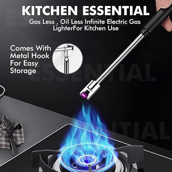 Rechargeable Electric Gas Lighter for Kitchen, Lighter for Gas Stove, Candles, Pooja, 1 Year Warranty, C-Type USB, Kitchen Tools, Multi Purpose - 360° Flexible &amp; Windproof, Black