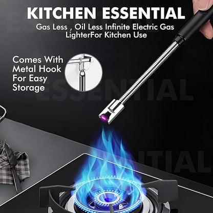 Rechargeable Electric Gas Lighter for Kitchen, Lighter for Gas Stove, Candles, Pooja, 1 Year Warranty, C-Type USB, Kitchen Tools, Multi Purpose - 360° Flexible &amp; Windproof, Black