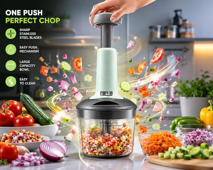 Vegetable Push Chopper 1000ml | Manual Vegetable Cutter for Kitchen | With Sharp Stainless Steel Blades | Multipurpose Food Chopper for Dry Fruits & Vegetables | Lock System & Durable Body