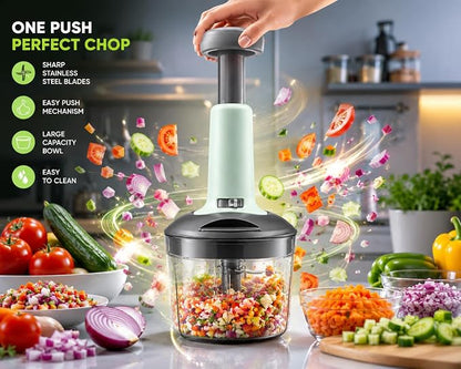 Vegetable Push Chopper 1000ml | Manual Vegetable Cutter for Kitchen | With Sharp Stainless Steel Blades | Multipurpose Food Chopper for Dry Fruits & Vegetables | Lock System & Durable Body