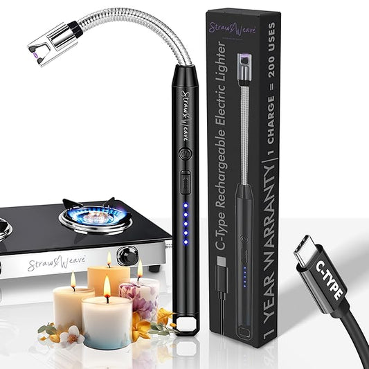 Rechargeable Electric Gas Lighter for Kitchen, Lighter for Gas Stove, Candles, Pooja, 1 Year Warranty, C-Type USB, Kitchen Tools, Multi Purpose - 360° Flexible &amp; Windproof, Black