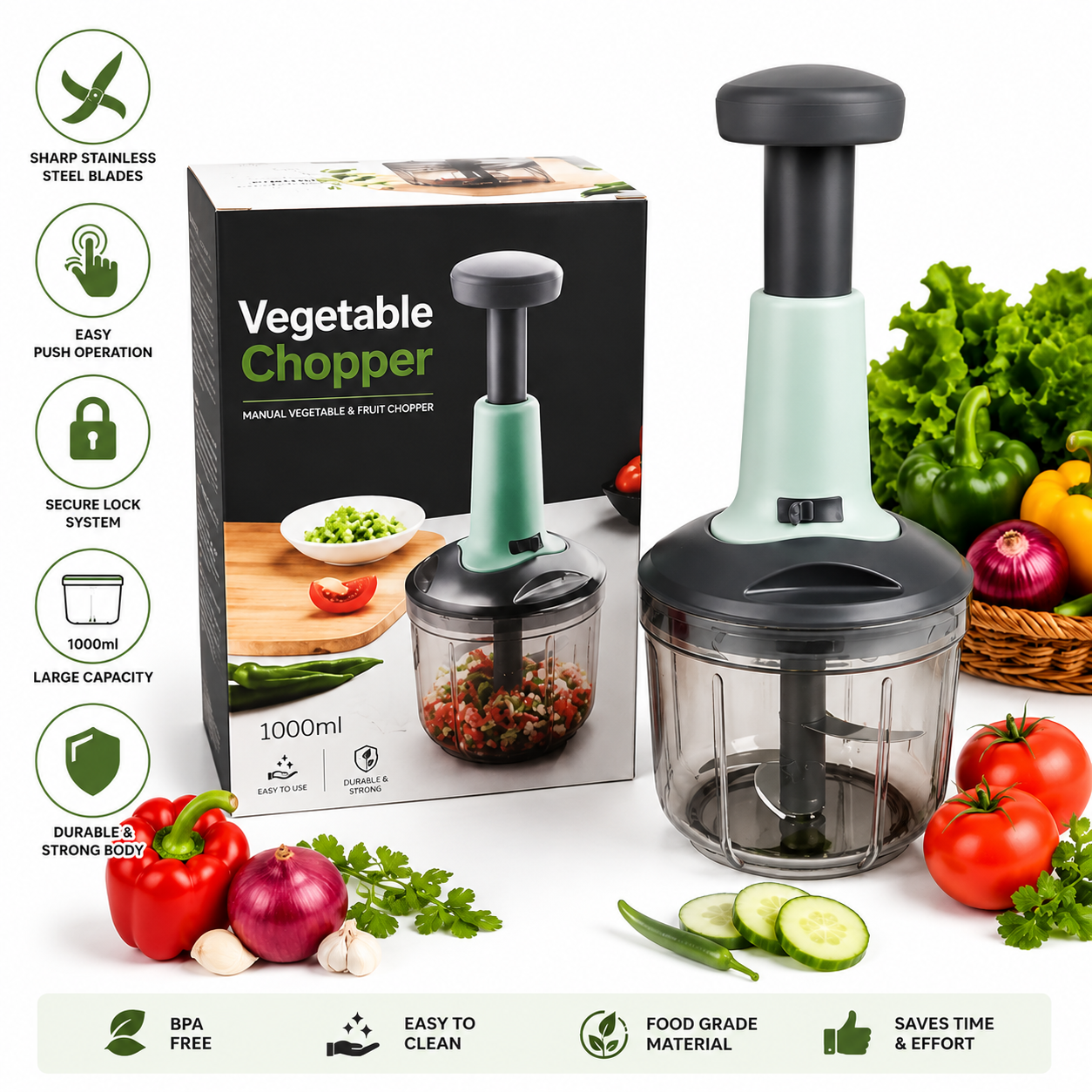 Vegetable Push Chopper 1000ml | Manual Vegetable Cutter for Kitchen | With Sharp Stainless Steel Blades | Multipurpose Food Chopper for Dry Fruits & Vegetables | Lock System & Durable Body