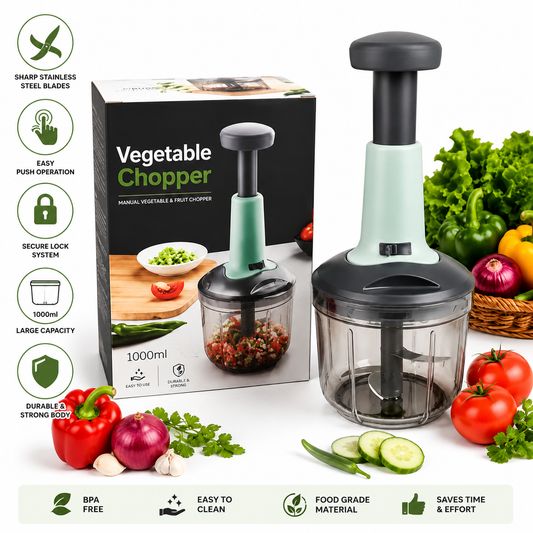 Vegetable Push Chopper 1000ml | Manual Vegetable Cutter for Kitchen | With Sharp Stainless Steel Blades | Multipurpose Food Chopper for Dry Fruits & Vegetables | Lock System & Durable Body